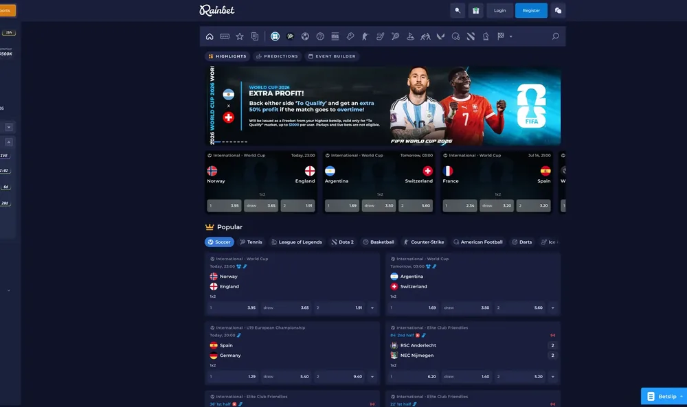 Rainbet Casino Oberfläche mit Spielauswahl