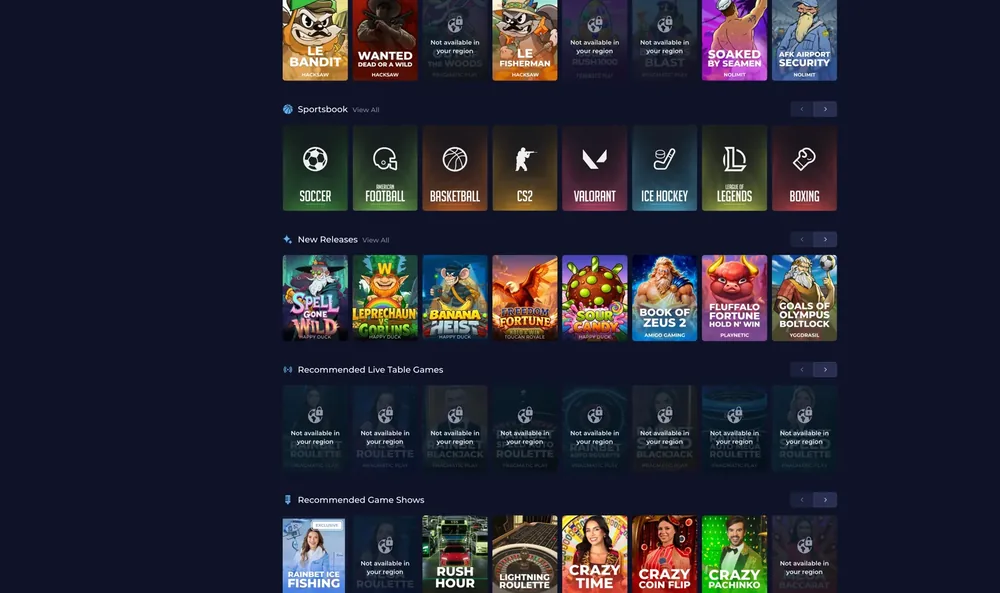 Rainbet Casino Oberfläche mit Spielen